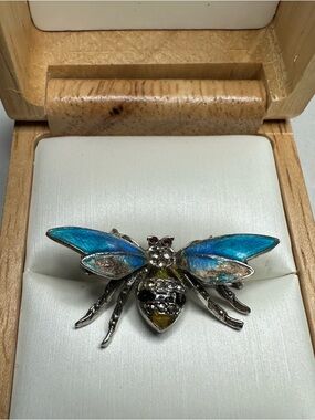 Vintage Blue Enamel Bee Brooch Sterling